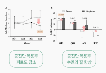 공진단 복용후 피로도 감소함을 나타내는 그래프와 공진단 복용후 수면의 질 향상됨을 나타내는 그래프